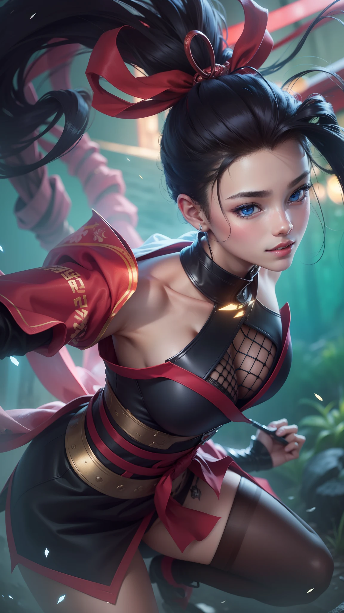 8k, best quality, masterpiece, realistic, ultra detail, photo realistic, hyper realistic, smoother lighting, increase cinematic lighting quality, realistic lighting, backlighting, brightening light, Increase quality, best quality real texture skin,
close-up, slender, cute face, smile, beautiful details eyes, 19years old korean, pretty, Drill hair with electric blue color, hood, ninja girl