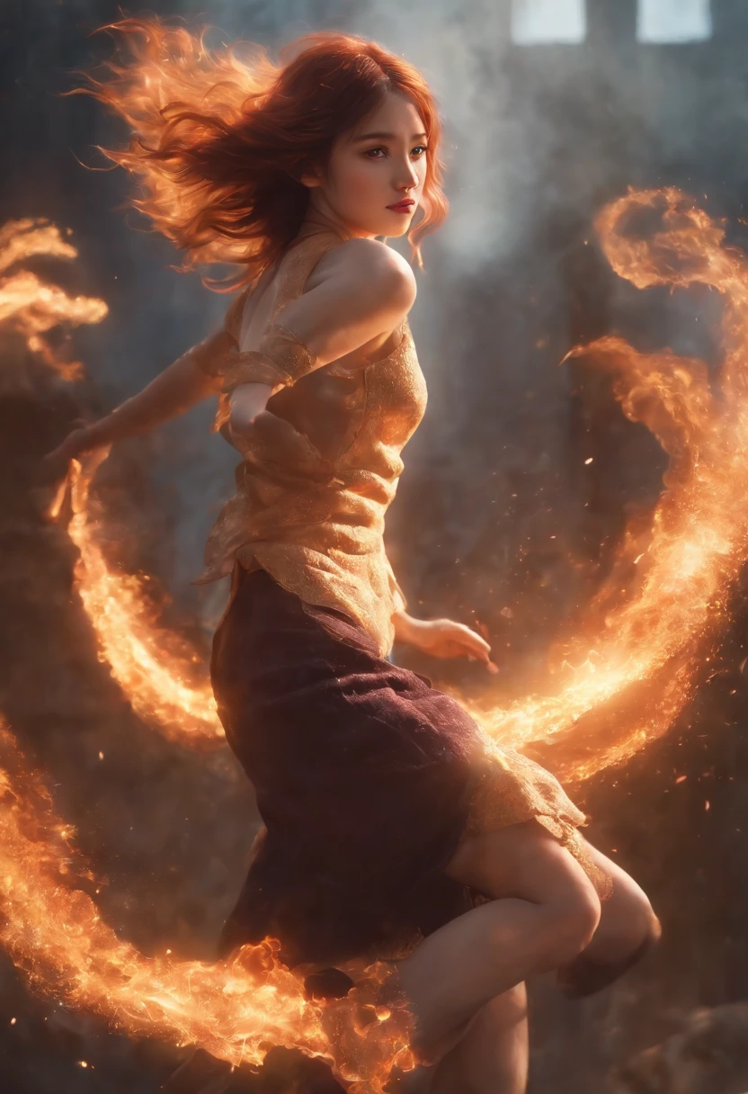 Enter a captivating scene，An anime girl sitting on a floating platform, How energetic fire particles ignite the air around you, Creates a stunningly dynamic atmosphere. Creative lighting styles bathed in brilliant light, Burning light, Harmonizes with rotating fire particles. Crafted with meticulous precision，Render in stunning 10k high resolution, This masterpiece incorporates the artistic medium of digital illustration, The impact of fire, particle sim, and post-processing technology. Take inspiration from anime styles, Mystical realism, and contemporary surrealism, It captures the fiery, The ethereal beauty of anime girls in dancing flames, Fire particles enhance the sense of magic and wonder.