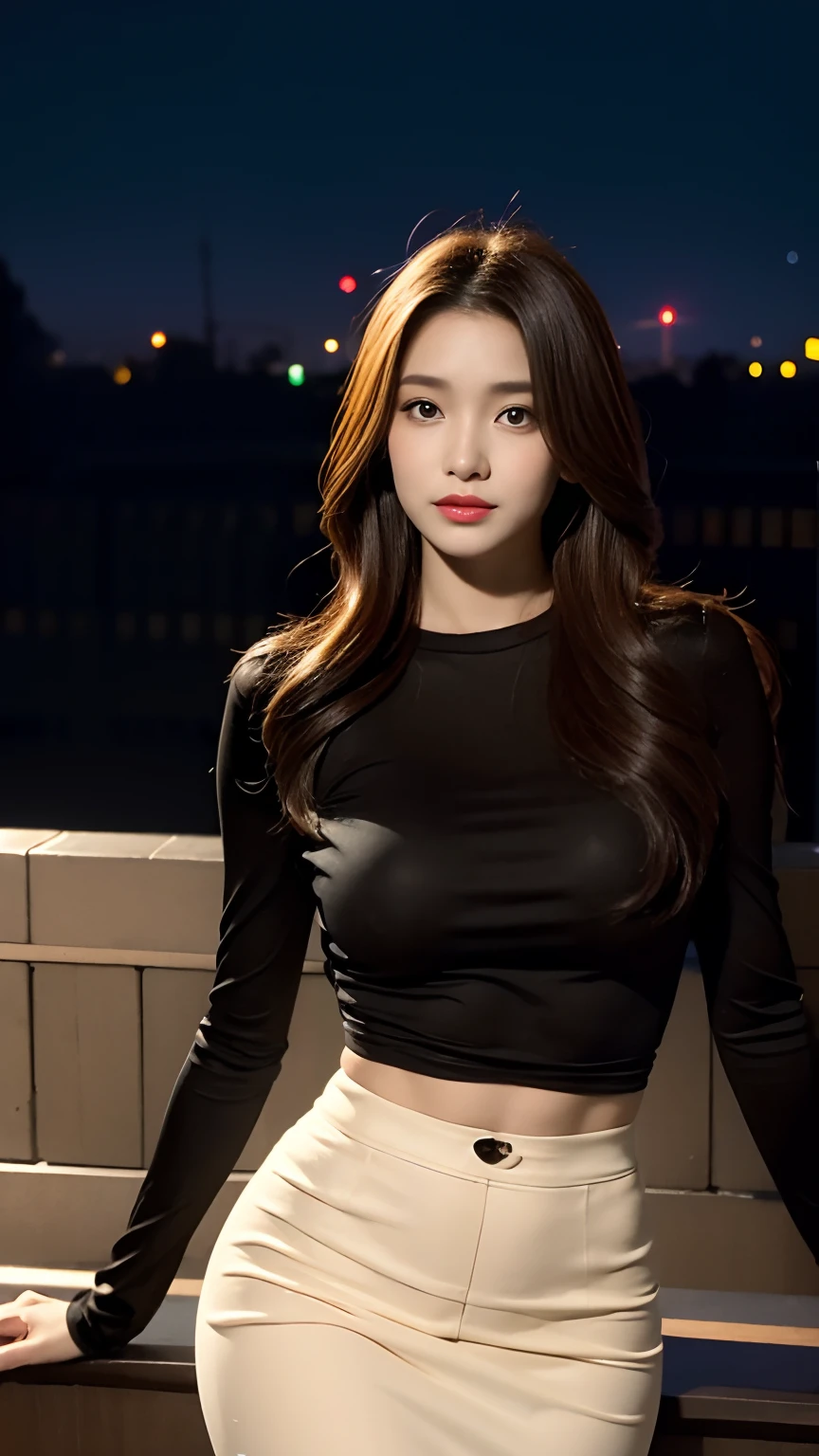((mid night, Acura, 8K, tmasterpiece: 1.3)), full body Esbian, long legged, Focalors: 1.2, Perfect figure beautiful woman: 1.4, Slim abs: 1.1, (dark brown hair,: 1.2 )), (Yellow Skinny T-Shirt, falda corta,Sitting on Stool: 1.2), (city night scene, teto: 1.3)), Highly detailed face and skin textures, detailedeyes, 二重まぶた,