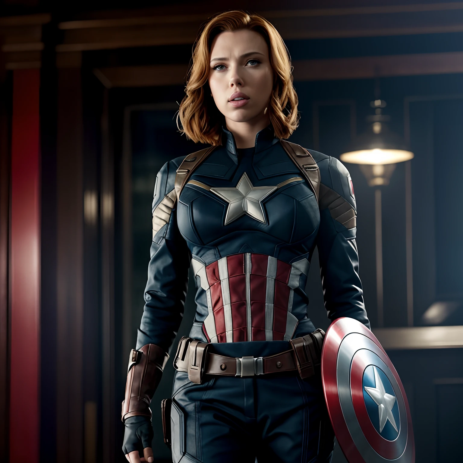 .Scarlet Johansson in Tarantino Style as Captain America 8K、hight resolution、A detailed face、A detailed face、A detailed eye、Detailed suit、Marvel and DC style、A hyper-realistic、+Movie shots+Dynamic composition、incredible detailed、sharp、detaileds+awesome details+Night with Light+perfectionism+Award-winning realism((Moody Writing)), full body shot