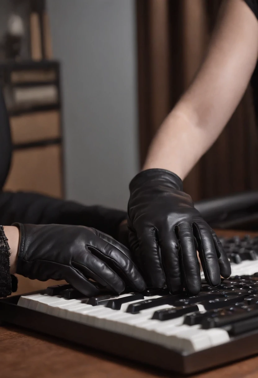 A woman wearing black leather gloves in both hands, upper body, black business suit, facing the desk in her room with a computer in the dark, tapping the keys of the computer keyboard with the fingertips of black leather gloves while looking at the screen (black leather gloves cover both hands) (angle is in the front) (close-up of both hands of women in black leather gloves tapping the keyboard