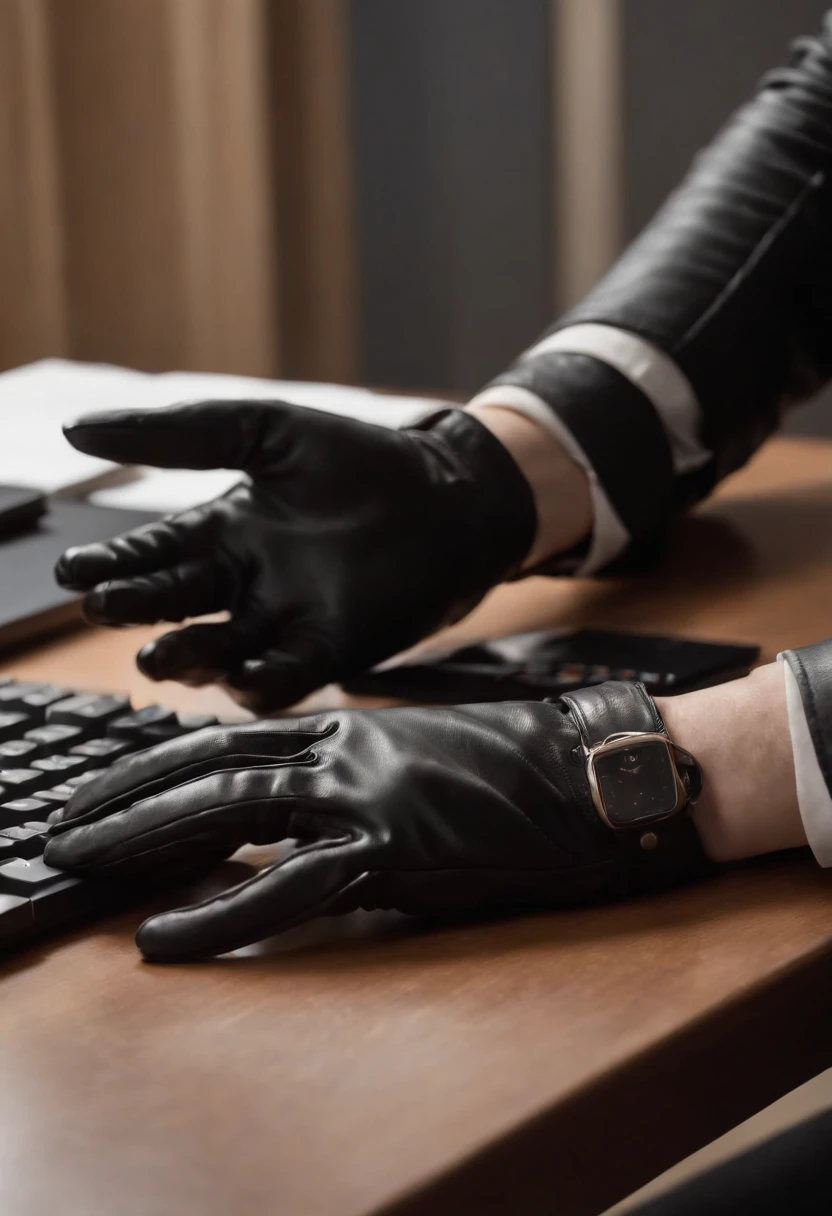 A woman wearing black leather gloves in both hands, upper body, black business suit, facing the desk in her room with a computer in the dark, tapping the keys of the computer keyboard with the fingertips of black leather gloves while looking at the screen (black leather gloves cover both hands) (angle is in the front) (close-up of both hands of women in black leather gloves tapping the keyboard
