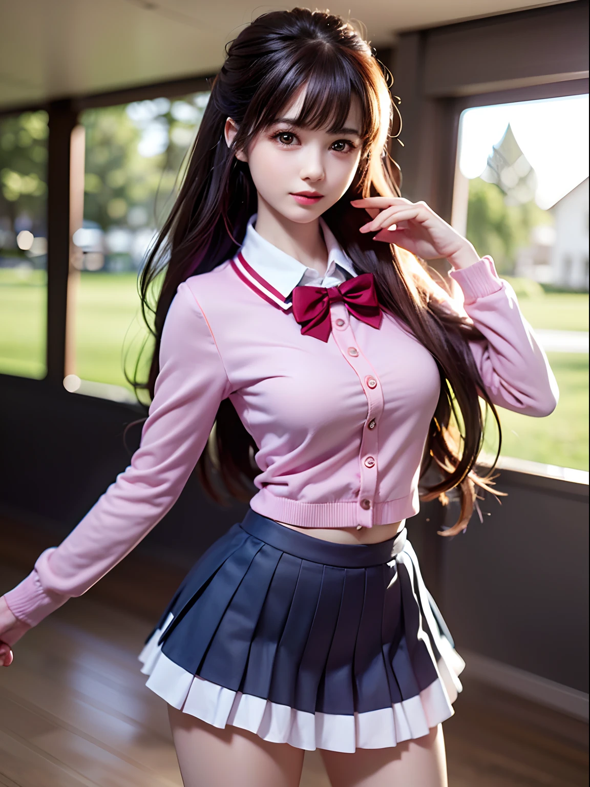 (2 young girls), (extremely detailed beautiful face), Amazing face and eyes, (Best Quality:1.4), (Ultra-detailed), (extremely detailed CG unified 8k wallpaper), Highly detailed, High-definition raw color photos, Professional Photography, Realistic portrait, Amazing face and eyes, Pink eyes, (High School Uniform, Pleated mini-skirt:1.3), Twin-tailed, Brown hair, Model, (((Bokeh))), depth of fields, School, crass room,