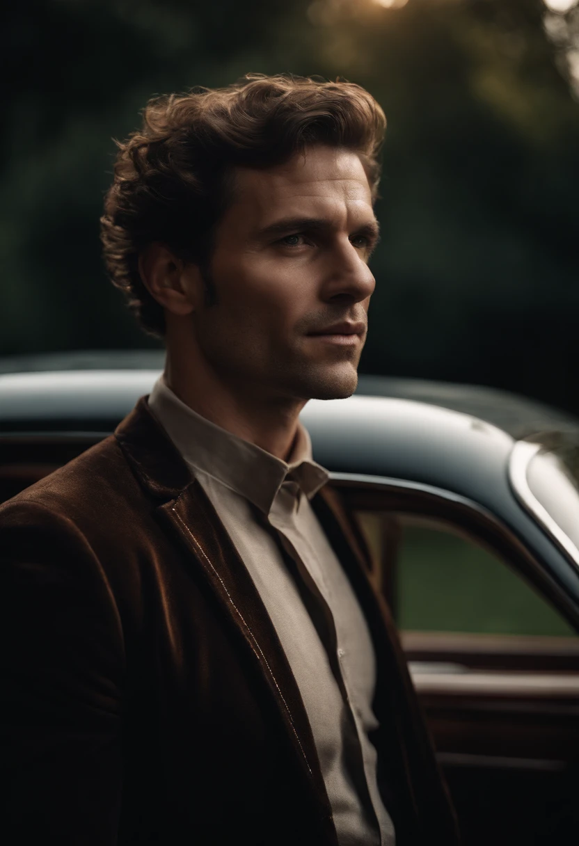 body complet, wide-angle photo close-up portrait of the body of a handsome man , Tall and fit, (40years old:1.1), (Shaven:1.2) , (curly short brown hair:1.2),(Short Hair Hair:1.3). dark brown tight velvet suit, (The jacket is decorated with black floral patterns:1.2). (posing outside the mansion with a luxury car:1.1), crowded street with cafes in the distance, Cold and dark sunset at dusk, (Edge light:1.1),(focus on eyes), (Angry look), (Hard light on the skin:1.2), (hard shadows, dark themed, deep contrast:1.1), (portrait photography by Annie Liebowitz), Dark mint theme and choral aesthetics, (Skin imperfections)