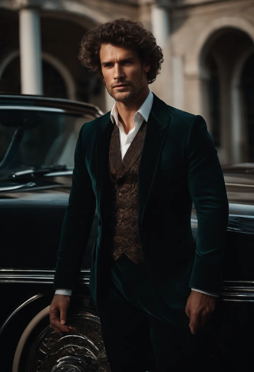 body complet, wide-angle photo close-up portrait of the body of a handsome man , Tall and fit, (40years old:1.1), (Shaven:1.2) , (curly short brown hair:1.2),(Short Hair Hair:1.3). dark brown tight velvet suit, (The jacket is decorated with black floral patterns:1.2). (posing outside the mansion with a luxury car:1.1), crowded street with cafes in the distance, Cold and dark sunset at dusk, (Edge light:1.1),(focus on eyes), (Angry look), (Hard light on the skin:1.2), (hard shadows, dark themed, deep contrast:1.1), (portrait photography by Annie Liebowitz), Dark mint theme and choral aesthetics, (Skin imperfections)