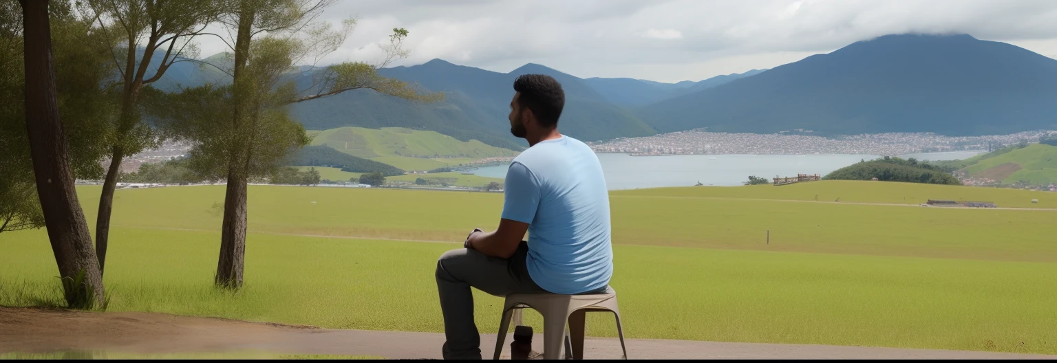 A funny scene of a man sitting on a toilet in the middle of the open field, apreciando a vista do gramado verde