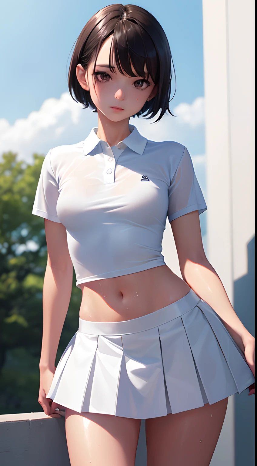 1girl, solo, white polo shirt, white sneakers, tennis wear, white miniskirt, masterpiece, best quality, realistic, hyper-detailed, (shiny skin, sweaty:1.4), absurd, looking at viewer, short black hair, brown eyes, slender, dynamic lighting, high resolution, sharp focus, depth of field, detailed eyes, sharp pupils, realistic pupils, (small breasts:1.6), (thick thighs:1.0), outdoor, sky