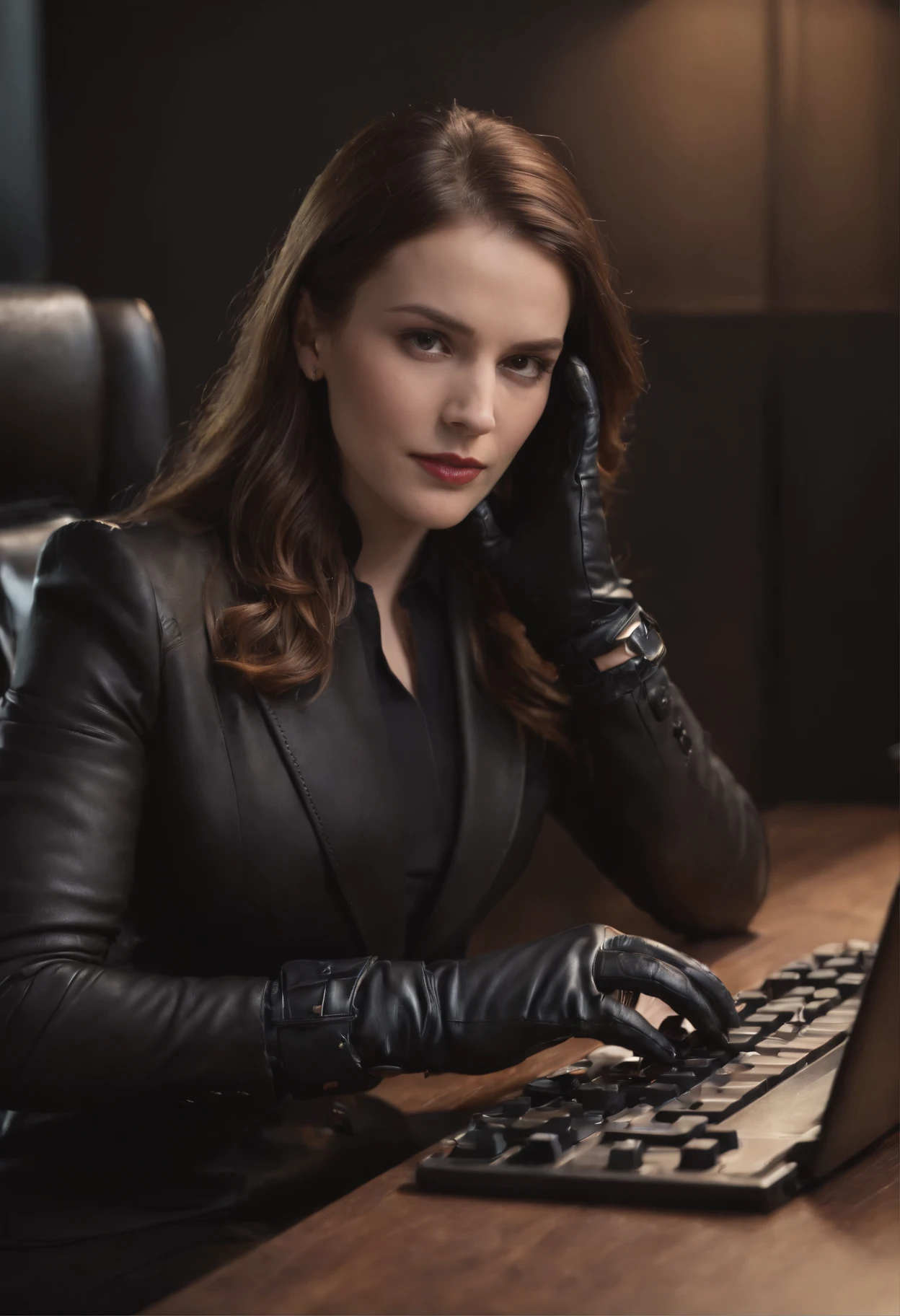 A woman wearing black leather gloves in both hands, upper body, black business suit, facing the desk in her room with a computer in the dark, tapping the keys of the computer keyboard with the fingertips of black leather gloves while looking at the screen (black leather gloves cover both hands) (angle is in the front) (close-up of both hands of women in black leather gloves tapping the keyboard