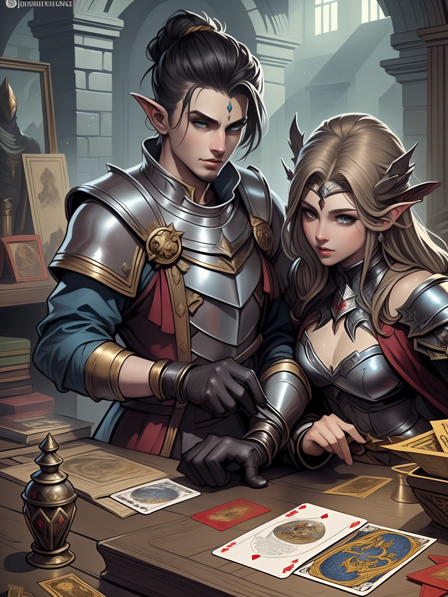 imagem arafed de um par de pessoas em armadura jogando cartas, Arte do Jogo de Cartas de Fantasia, high quality dnd illustration, dnd card art, arte do jogo de RPG, rpg rulebook illustration, card game illustration, dungeons and dragons portrait, Epic Fantasty Card Game Art, fantasy RPG book illustration, d&D retrato, epic fantasy card game art, rpg illustration