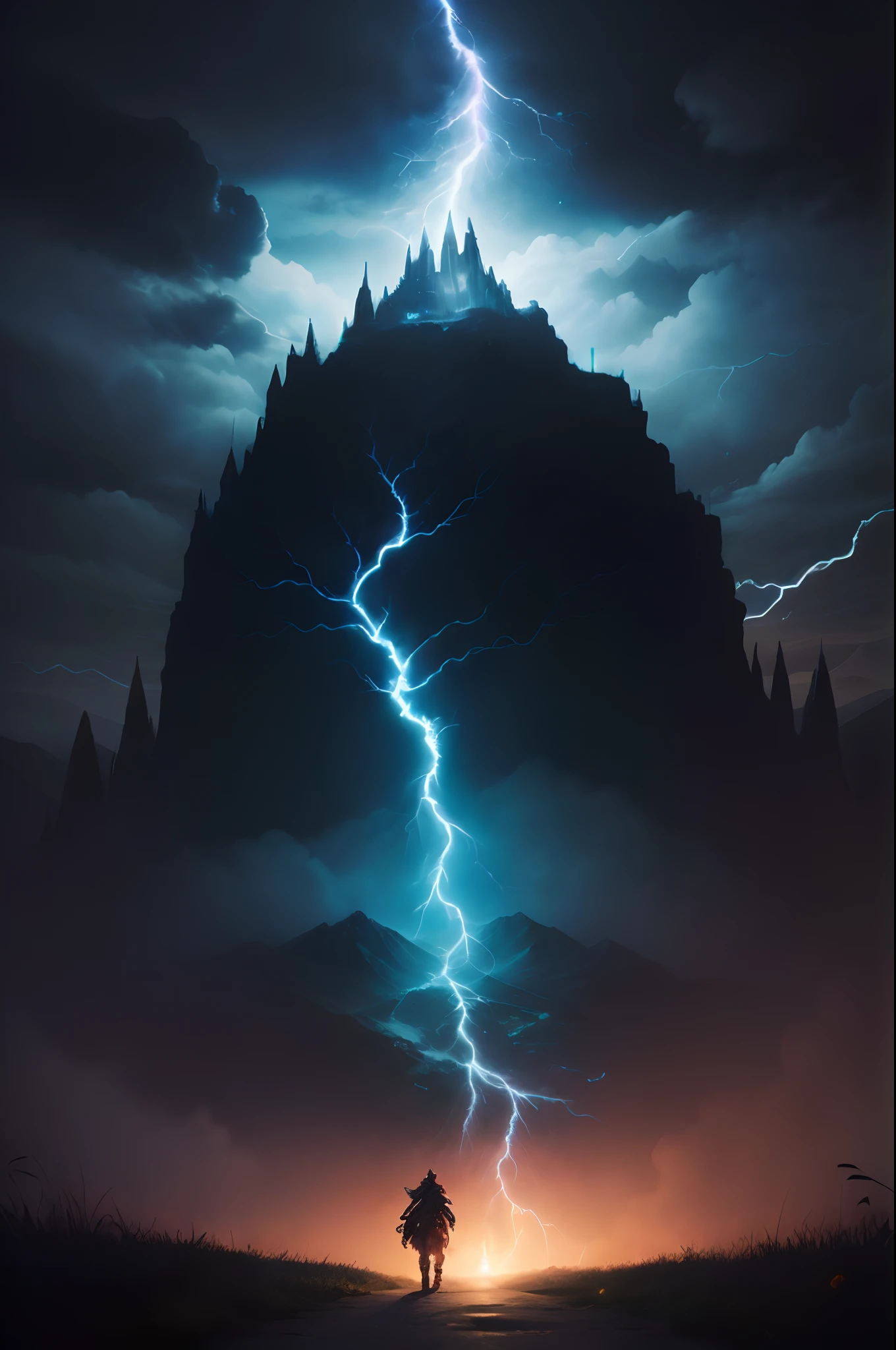 A lightning bolt falls from a dark mountain with a lonely person walking on a road, lightning fantasy magic, Epic Fantasy Digital Art Style, an ominous fantasy illustration, Detailed lighting and thunder, fantasy atmospheric lighting, fractal thunder dan mumford, epic fantasy illustration, fantasy epic digital art, epic fantasy digital art, dramatic volumetric lightning, epic fantasy sci fi illustration, Directed by: Christopher Balaskas