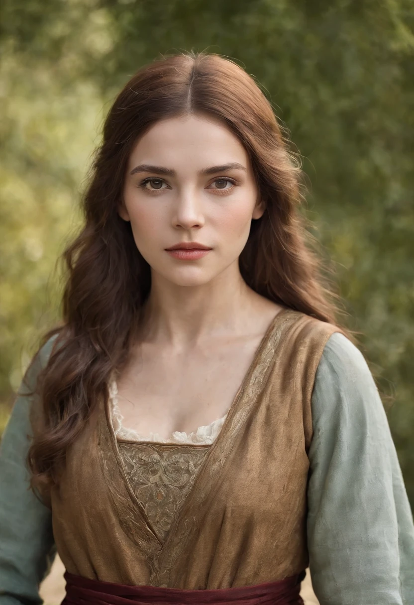 cinematic portrait, upper-body, s face, face facing audience, (Reality :1.3), One of the most beautiful works of art in the world, A woman looks at the camera, Medieval costumes, (Old clothes are damaged and weathered; :1.4), detailed beautiful face, Action Shooting, Prehistory of the ancient city, Realistic photos, computer graphics, Art Station