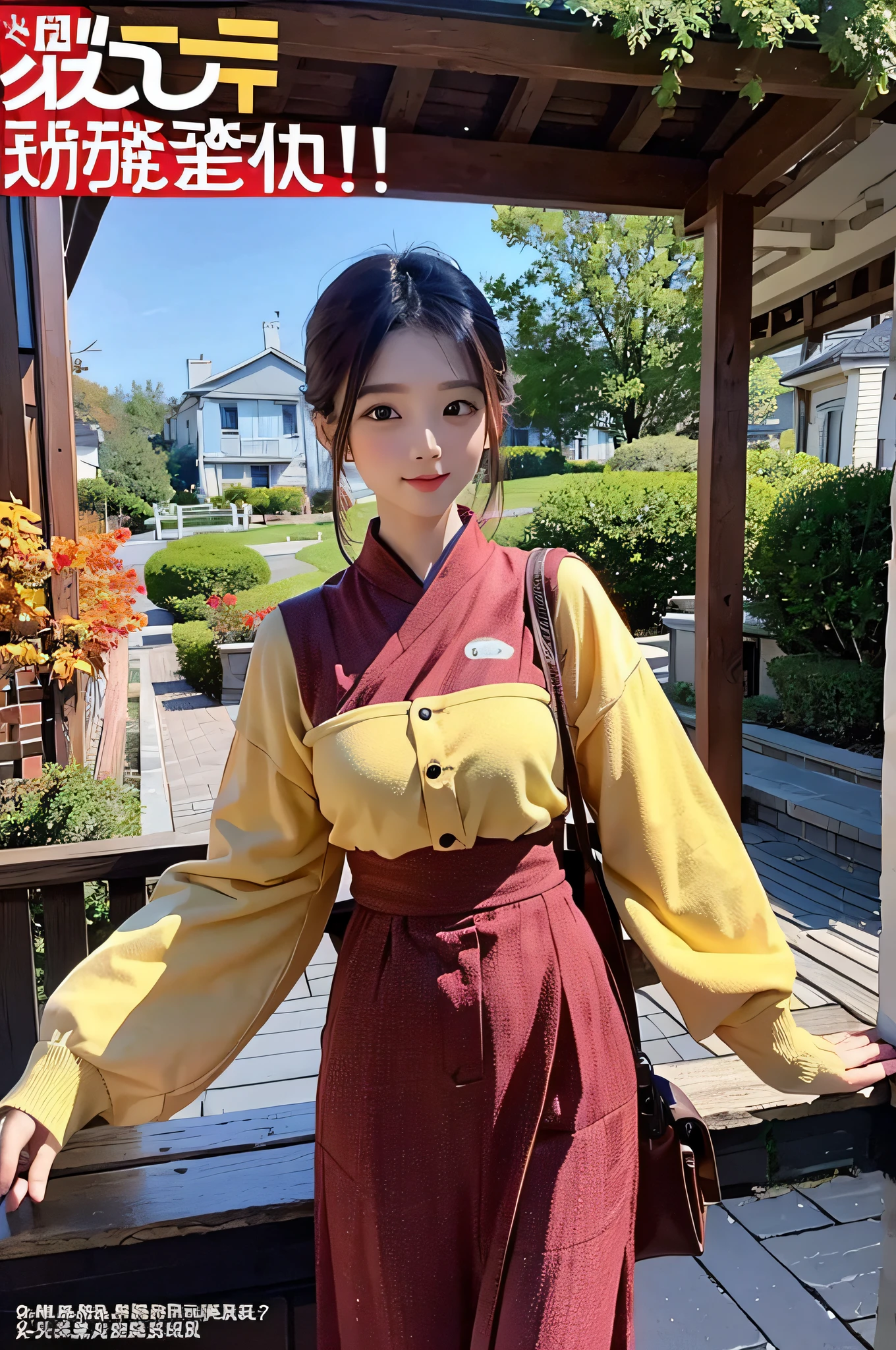 masterpiece、top-quality、Autumn costume、colourful hair、outside of house、Magazine covers、The upper part of the body、