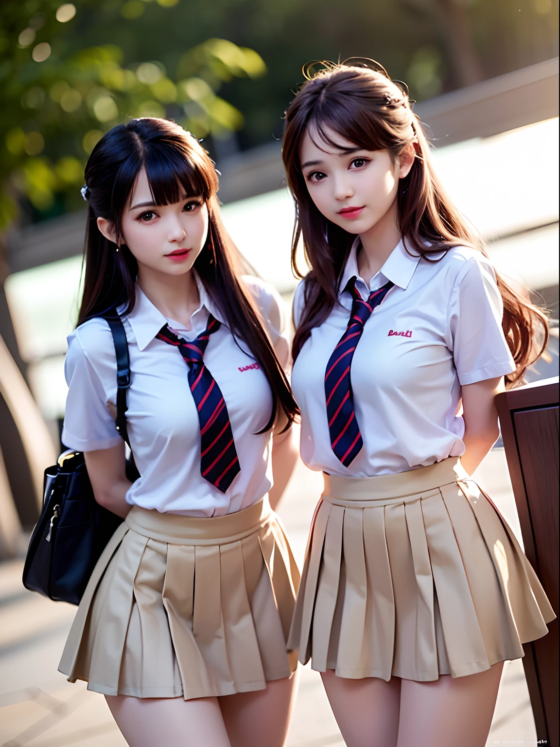 (2 young girls), (extremely detailed beautiful face), Amazing face and eyes, (Best Quality:1.4), (Ultra-detailed), (extremely detailed CG unified 8k wallpaper), Highly detailed, High-definition raw color photos, Professional Photography, Realistic portrait, Amazing face and eyes, Pink eyes, (High School Uniform, Pleated mini-skirt:1.3), Twin-tailed, Brown hair, Model,  (((Bokeh))), depth of fields, School, crass room,