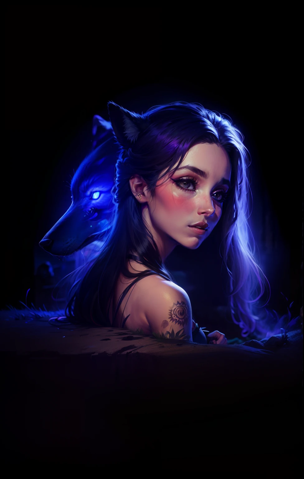 Olho violeta, garota de pele alva, pele branca, garota com sombra de lobo, garota com lobo do lado, garota junto com lobo, garota com lobo