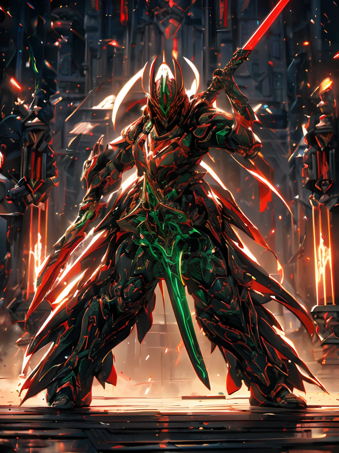 (Realistic, Intricate details, cybersamurai, red-green armor), (assassin:1.2), Mech Knight, ((Guard Stance)), Halo, Elden Ring, (Attacking with symmetrical neon red sword:1.2, intricate details), Galaxy, fullbody, cinemnatic, dark background, backlight, high contrast,