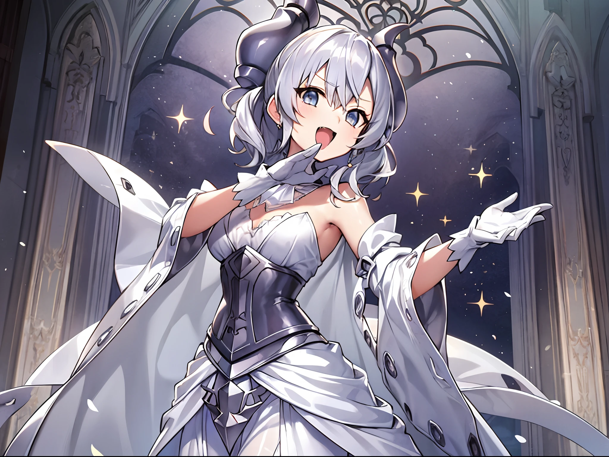 (Lori:1.2), 1girl in, Medium chest, Silver Shorthair, Silvery horns,  White Dress, white cape, bulging sleeves, White Gloves, white stockings, Silver Corset, White long skirt, big eye, 
Smile, Open mouth, 
Night, (Silver Castle Background), 
Cowboy Shot, 
​masterpiece, Best Quality, anime illustrated, Cowboy Shot, depth of field
Ojo-sama Pose