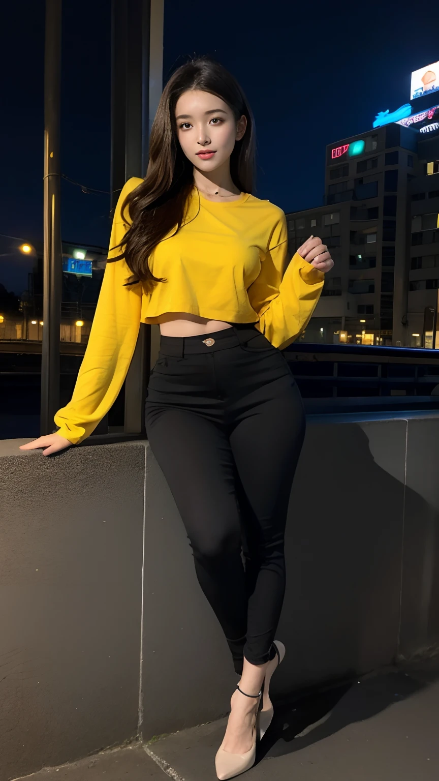 ((mid night, Acura, 8K, tmasterpiece: 1.3)), full body Esbian, long legged, Focalors: 1.2, Perfect figure beautiful woman: 1.4, Slim abs: 1.1, (dark brown hair,: 1.2 )), (Yellow Skinny T-Shirt, falda corta,Sitting on Stool: 1.2), (city night scene, teto: 1.3)), Highly detailed face and skin textures, detailedeyes, 二重まぶた,