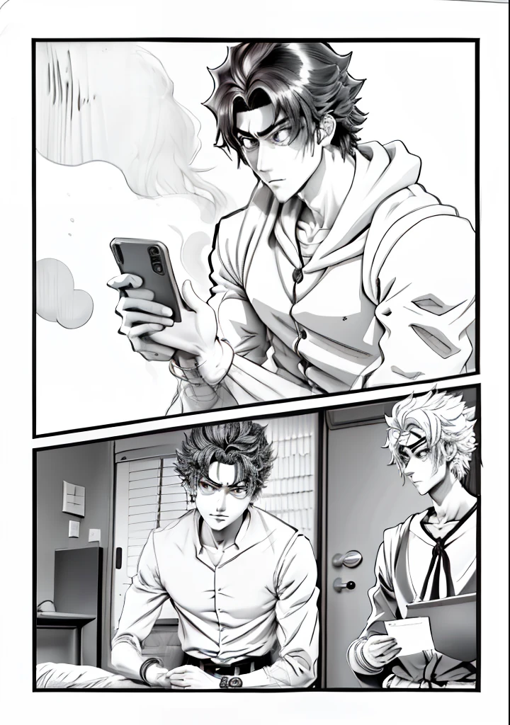 a drawing of a guy with a cell phone in his hand, kentaro miura manga art style, kentaro miura manga style, Kentaro Miura estilo de arte, estilo baki, homem bonito anime, lineart perfeito, joseph joestar, linear limpo, manga style of kentaro miura, Nice anime pose, Arte de linha limpa, linearidade espessa