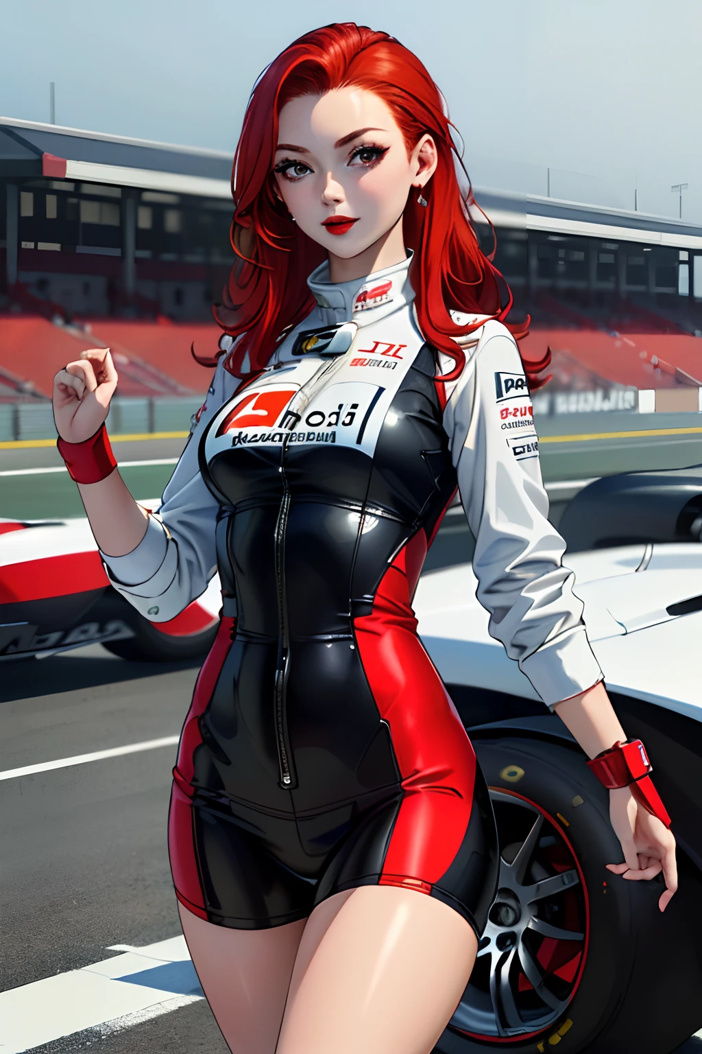 (masterpiece:1.4)、(top-quality:1.4)、
1girl in, F1's bewitching grid girl, Red-haired, looking at the viewers, 独奏 ,realisitic,(shinny skin),(masterpiece:1.4),(top-quality:1.4),red-lips、racing venue