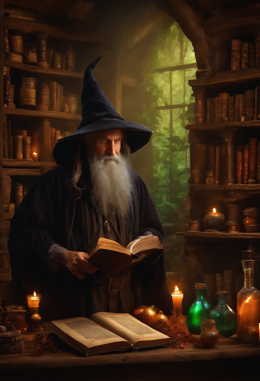 a black wizard, very old with a long beard, in a rustic and secret place with shelves of old books, making magic potions.