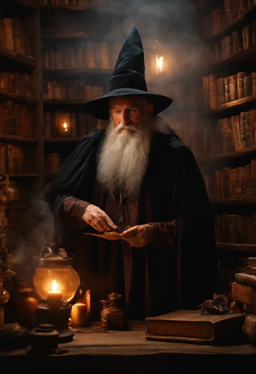 a black wizard, very old with a long beard, in a rustic and secret place with shelves of old books, making magic potions.