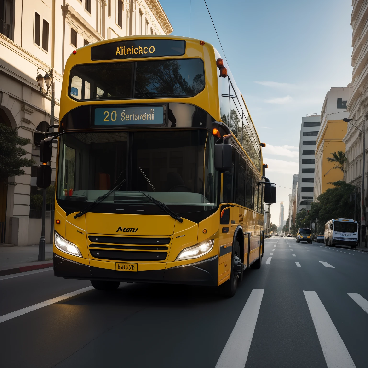 (alta qualidade,photo-realistic,colorido,Futuristic) A modern yellow electric one floor school bus with black belt and a red stop sign on the side (north american style) In Sao Paulo, Brasil, Catches the eye with its sleek european style design and vibrant presence. The bus glows in the sunlight, apresentando o seu acabamento brilhante e reflectindo o ambiente urbano circundante. As janelas altas oferecem um vislumbre do interior, where the cheerful faces of children can be seen. The bus is adorned with sophisticated LED headlights that emit a crisp, Brilho branco, ensure safety on the road even during the darkest hours. The elegant silhouette of the bus, combined with its aerodynamic curves, gives it a futuristic look, making it stand out among other vehicles. A faixa preta contrastante, correndo horizontalmente ao longo do comprimento do barramento, adds a touch of elegance and visual interest. The scene depicts the busy streets of São Paulo, with its iconic buildings, Busy traffic, and lush vegetation. The vibrant yellow color of the bus adds a touch of energy and excitement to the cityscape, creating a dynamic and captivating look. The overall composition of the image is carefully framed to show the bus as the main focal point, drawing viewers' attention to its modernity and cutting-edge technology. (best quality,4k,8k,Altas,master part:1.2),ultra-detalhado,(Realistic,fotorrealista,photo-realistic:1.37),HDR,UHD,studio lighting,pintura ultrafina,foco nítido,Physically-based rendering,extreme detail description,profissional,vivid colors,Bokeh,fotografia