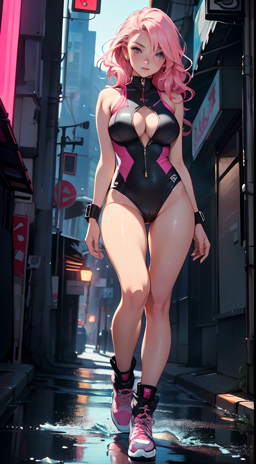 sporty girl,(((1girl))),((girl with bubblegum pink hair and freckles,extremely cute and gorgeous)),
(large breasts:1.4),saggy breasts,(((bubblegum pink hair:1.35,straight hair,long hair:1.4,colored inner hair,ear breathing))),(((heterochromia:1.5,eye1 pink,eye2 blue))),intricate eyes,beautiful detailed eyes,symmetrical eyes,(((freckles on the face,freckles,freckled girl))),((fat)),(((lustrous skin:1.5,bright skin: 1.5,skin tanned,shiny skin,very shiny skin,shiny body,plastic glitter skin,exaggerated shiny skin,illuminated skin, wet legs))),(spider lower abdomen,narrow waist,wide hip,athletic body,inflated legs,delicate detailed fingers,detailed body,human hands,(detailed face)),
cute,slutty,seductive,erotic,(((nsfw))),
((one-piece_swimsuit magenta,wearing a one-piece_swimsuit outfit:1.3,magenta armor swimsuit:1.3,large sport boots)),((wet clothes,intricate outfit,intricate clothes)),
(dynamic pose:1.0),embarrassed,(centered,scale to fit dimensions,Rule of thirds),
cyberpunk city by the ocean at night, with bright neon signs and dark stormy clouds and puddles, scenery:1.25,
artistic photography,(photography taken by sldr),highres, sharp focus, (ultra detailed, extremely detailed), (photorealistic artwork:1.37),(extremely detailed CG unity 8k wallpaper),((synthwave background theme)),(((vibrant colors))),(intricate background),(masterpiece),(best quality),