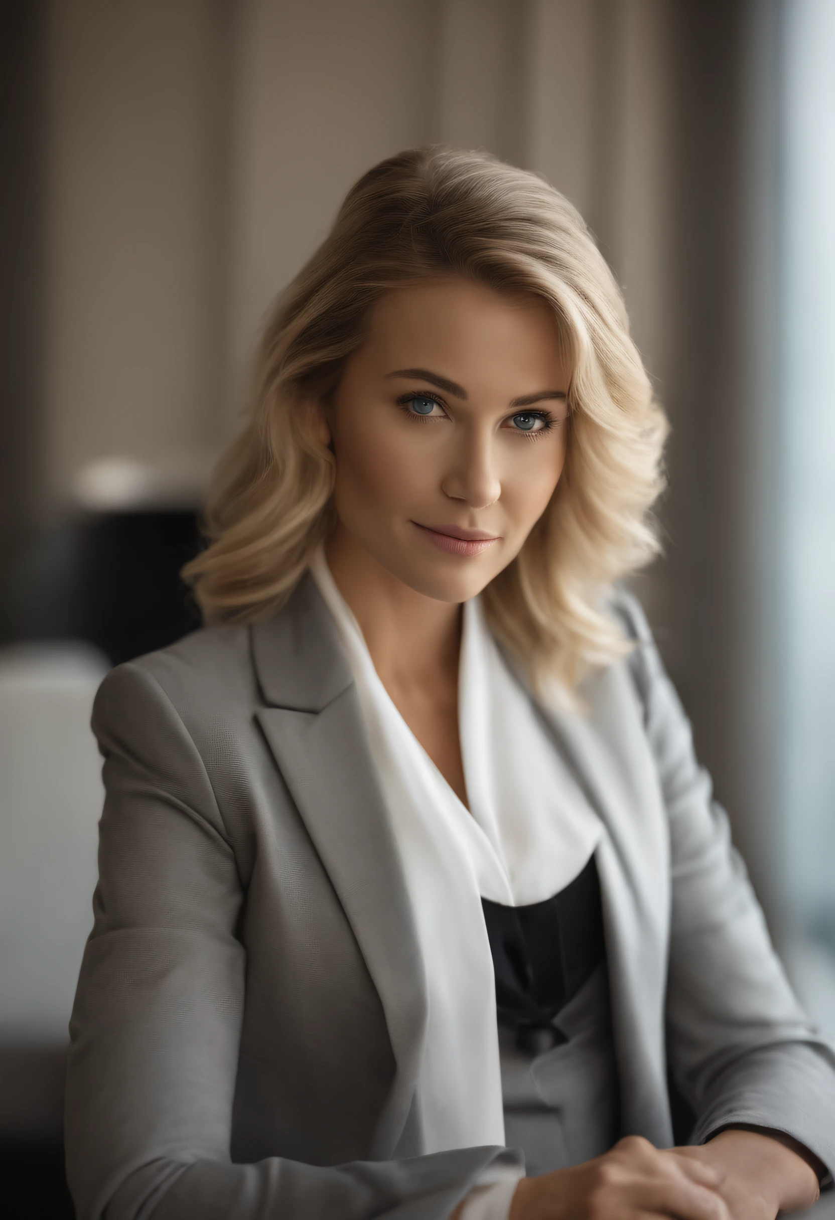 professional, (4k photo:1.1), high detail, wearing business dress, beautiful detailed face, blue eyes, not too long blonde hair, body shape, office board room with desk, windows