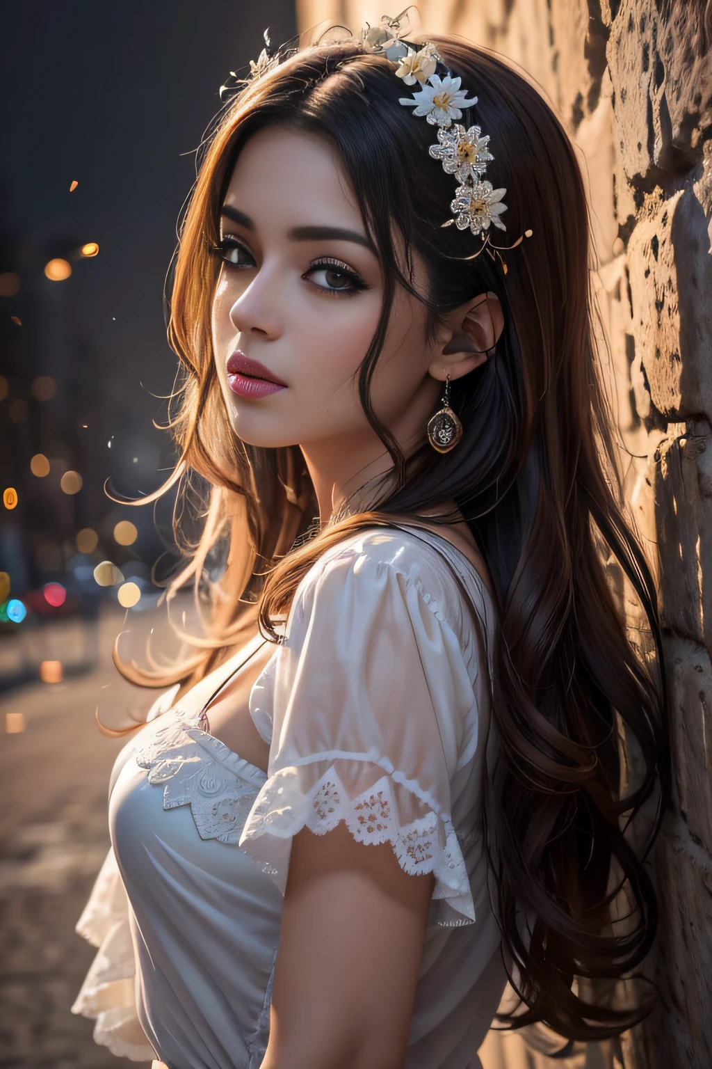 (Foto RAW, melhor qualidade), (realista, foto realista: 1,3), melhor qualidade, altamente detalhado, obra-prima, ultra detalhado, illustration, Uma garota , parte superior do corpo, dinamic angle, obra-prima mundial, messy long hair, melhor qualidade, extremamente detalhado Unidade de papel de parede 8k , pintura, Awesome, cinematic lighthing, reflexo de lente, roupa estilo oriental , luxuosa , epoch , nobreza , intimate , fundo parede de pedras antigas , castelo da nobreza ,