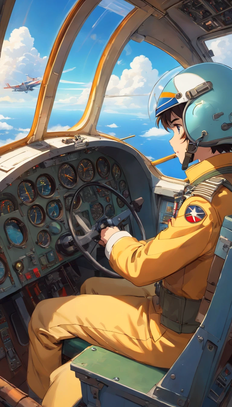 Masterpiece, Portrait of a handsome young pilot, sitting in the cockpit, The pilot is dressed in an Acrisp suit..., Customized Flight Suit,Decorated with scarves and patches, that represent their experience and knowledge....  The pilot puts on the captain's helmet..., The scene of the interior of the cabin in the movie, Take a warm bath..., Golden light,Encapsulate the essence of aviation. The cockpit is filled with light panels.., Watch faces and buttons., Convey a sense of precision and control. The pilot looked at the dashboard and pressed the button through the transparent roof..., There is a breathtaking view of the endless sky..., Spot with fluffy white clouds and streaks of sunlight against the background of other commercial aircraft, flying in the background..., The pilot's hand gently grasped the steering wheel... , Epic scene, bright colours, Full HD, dinamic lighting, ultra-high detail, Dramatic light, movie poster style, Asymmetrical composition, photorealistic portrait, Unreal engine, Concept art
