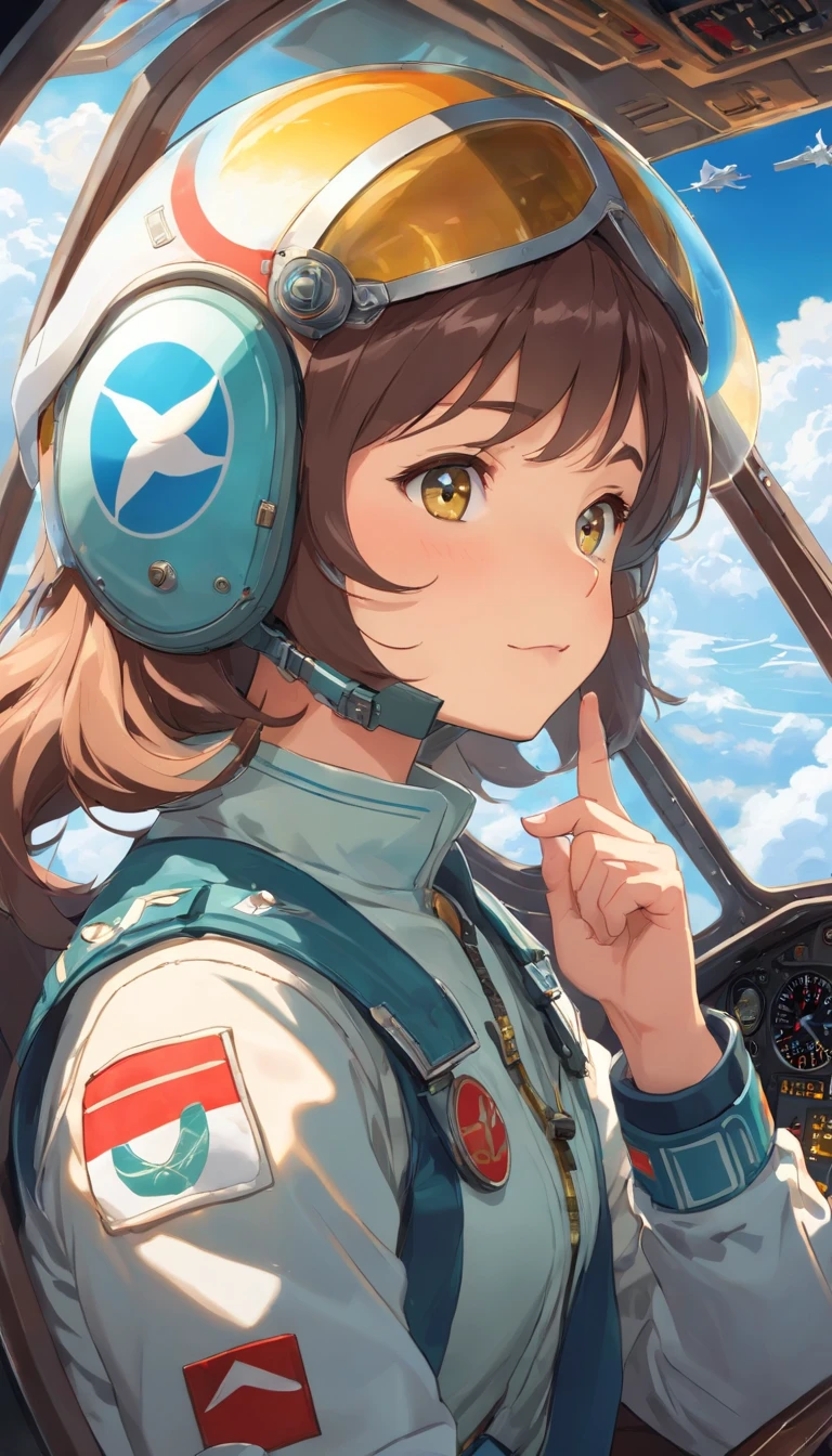 Masterpiece, Portrait of a handsome young pilot, sitting in the cockpit, The pilot is dressed in an Acrisp suit..., Customized Flight Suit,Decorated with scarves and patches, that represent their experience and knowledge....  The pilot puts on the captain's helmet..., The scene of the interior of the cabin in the movie, Take a warm bath..., Golden light,Encapsulate the essence of aviation. The cockpit is filled with light panels.., Watch faces and buttons., Convey a sense of precision and control. The pilot looked at the dashboard and pressed the button through the transparent roof..., There is a breathtaking view of the endless sky..., Spot with fluffy white clouds and streaks of sunlight against the background of other commercial aircraft, flying in the background..., The pilot's hand gently grasped the steering wheel... , Epic scene, bright colours, Full HD, dinamic lighting, ultra-high detail, Dramatic light, movie poster style, Asymmetrical composition, photorealistic portrait, Unreal engine, Concept art