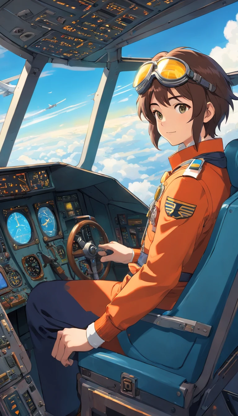 Masterpiece, Portrait of a handsome young pilot, sitting in the cockpit, The pilot is dressed in an Acrisp suit..., Customized Flight Suit,Decorated with scarves and patches, that represent their experience and knowledge....  The pilot puts on the captain's helmet..., The scene of the interior of the cabin in the movie, Take a warm bath..., Golden light,Encapsulate the essence of aviation. The cockpit is filled with light panels.., Watch faces and buttons., Convey a sense of precision and control. The pilot looked at the dashboard and pressed the button through the transparent roof..., There is a breathtaking view of the endless sky..., Spot with fluffy white clouds and streaks of sunlight against the background of other commercial aircraft, flying in the background..., The pilot's hand gently grasped the steering wheel... , Epic scene, bright colours, Full HD, dinamic lighting, ultra-high detail, Dramatic light, movie poster style, Asymmetrical composition, photorealistic portrait, Unreal engine, Concept art
