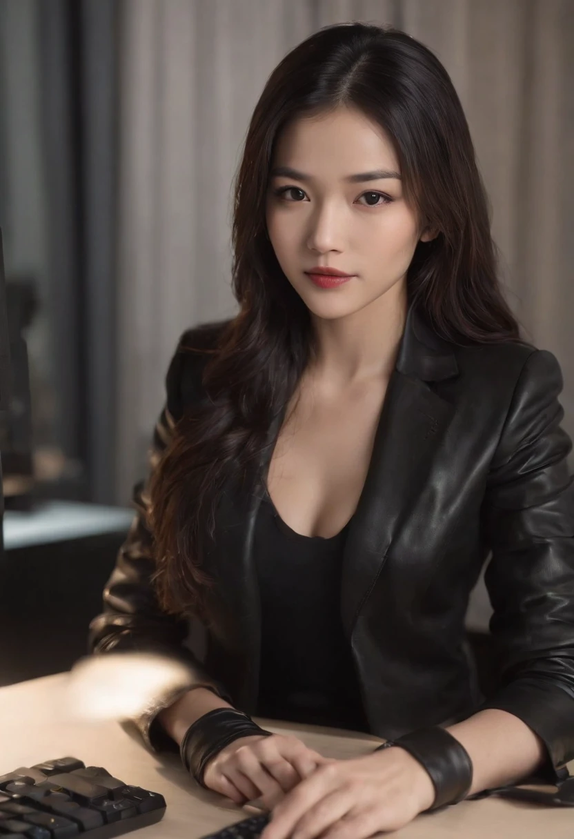 A young Japanese woman with a black suit up to a shirt and playing cards with black leather gloves on both hands