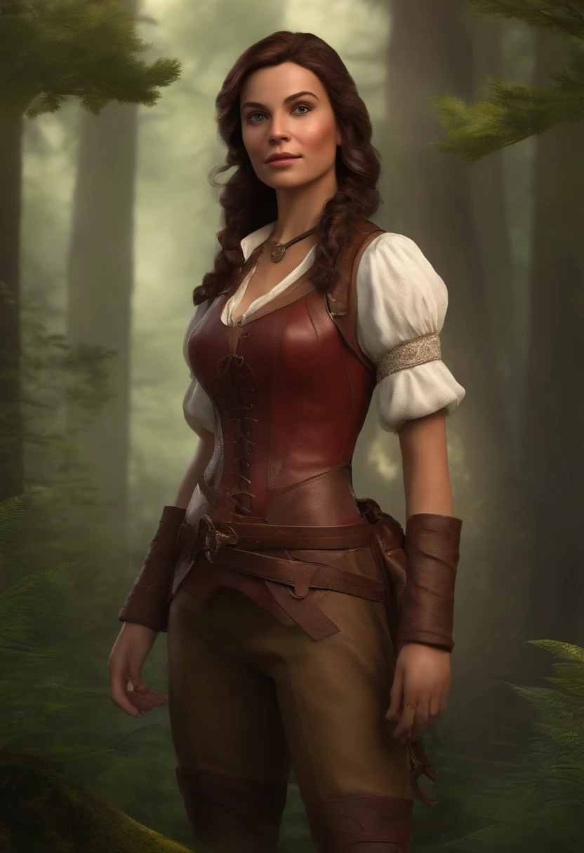 Fantasy female little person, hobbit, half-ling, pointed ears, Dark Red-Brown hair, medium complexion, wearing brown leather breeches, off white chemise, leather adventuring back pack, forest background, cinematic, trending on artstation, Greg Rutkowski, Clyde Caldwell, matte painting
