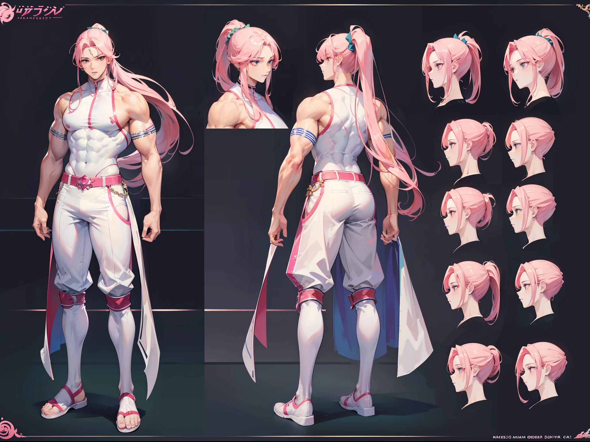 ((Masterpiece, Highest quality)), Detailed face, character design sheet， full bodyesbian, Full of details, frontal body view, back body view, Highly detailed, Depth, Many parts, Muscle boy with ponytail long pink hair，handsome man, muscle body, white outfit male gods, man tall