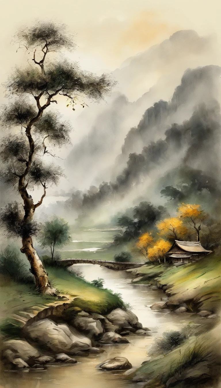 Chinese Landscape Painting,ink and watercolor painting,water ink,墨水,stain,Faraway view,Ultra-wide viewing angle,Meticulous,Diagram of five cows,Five scalpers,bank,Small Stone Bridge,grassy fields,a tree,Mountain view,(8k wall paper),(The effect of light and shadow),Octane rendering,White balance design,Extremely detailed picture of the painting,Wide angles,Depth of field,tmasterpiece,Realistic,Beautifully depicted,detailed,acurate,works of masters,tmasterpiece