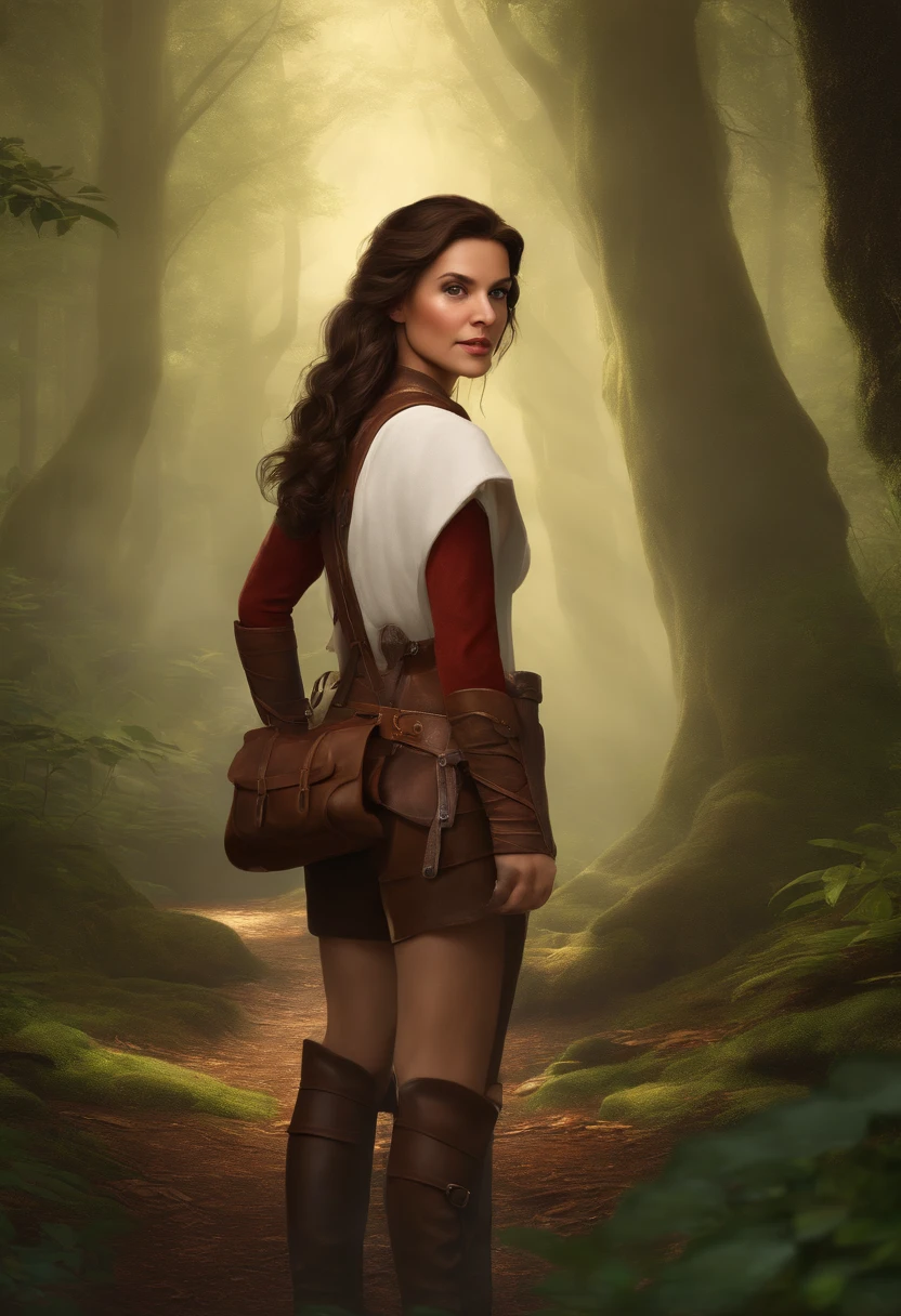 Fantasy female, little person, hobbit, half-ling, pointed ears, Dark Red-Brown hair, medium complexion, wearing brown leather breeches, off white chemise, leather adventuring back pack, forest background, cinematic, trending on artstation, Greg Rutkowski, Clyde Caldwell, matte painting