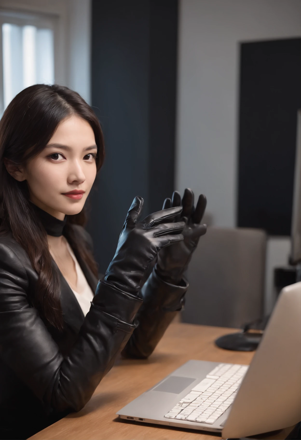 Wearing black leather gloves in both hands, upper body, black business suit, facing the desk in my room with a computer in the dark, operating indifferently while looking at the computer screen with the fingertips of black leather gloves, long black hair bundled in the back, still young, young and very cute face Japanese female new employee (black leather gloves cover both hands)