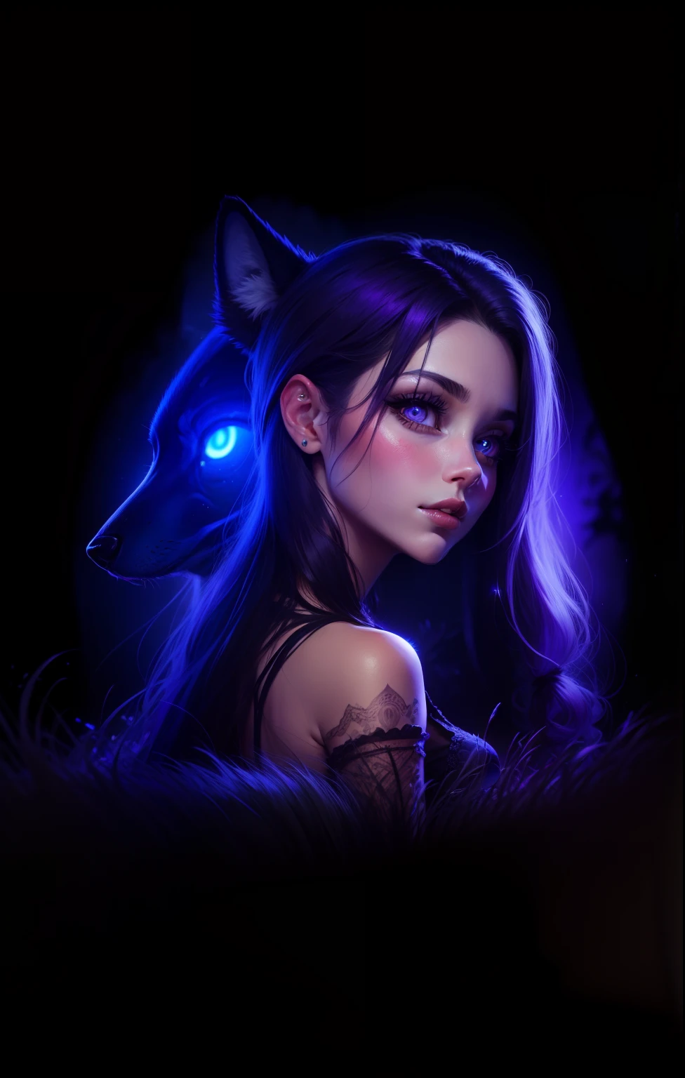 Olho violeta, garota de pele alva, pele branca, garota com sombra de lobo, garota com lobo do lado, garota junto com lobo, garota com lobo, garota de roupa preta, garota com roupa preta, olho roxo, cor do olho violeta, olho violeta brilhante