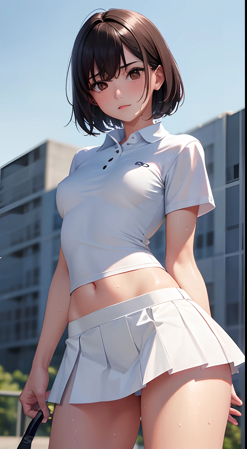 1girl, solo, white polo shirt, white sneakers, tennis wear, white miniskirt, masterpiece, best quality, realistic, hyper-detailed, (shiny skin, sweaty:1.4), absurd, looking at viewer, short black hair, brown eyes, slender, dynamic lighting, high resolution, sharp focus, depth of field, detailed eyes, sharp pupils, realistic pupils, (small breasts:1.6), (thick thighs:1.0), outdoor, sky