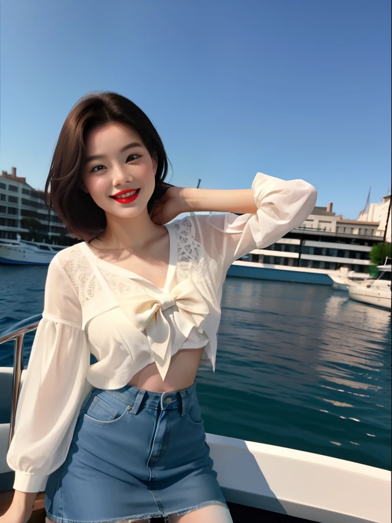 best qualtiy,tmasterpiece,ultra-realistic realism,A smiling young woman stands at the bow of the boat looking at a photo of the viewer,short detailed hair,Slender,Redlip,biggest breast,Flirt with the camera。Wear a tight and sexy denim skirt,Open the front,Detailed face,in a panoramic view,Above Knees,