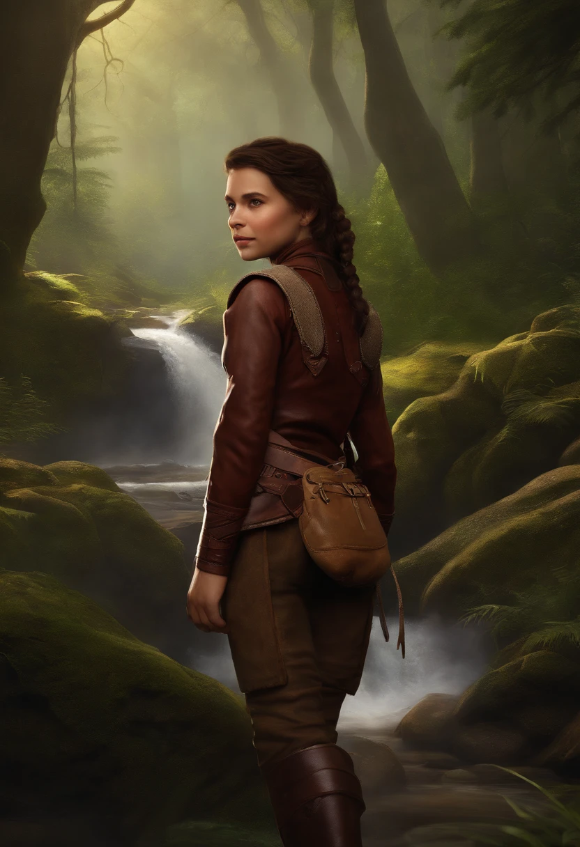 Fantasy female little person, hobbit, half-ling, 3' tall, pointed ears, Dark Red-Brown hair, medium complexion, wearing brown leather breeches, off white chemise, leather adventuring back pack, forest background, cinematic, trending on artstation, Greg Rutkowski, Clyde Caldwell, matte painting
