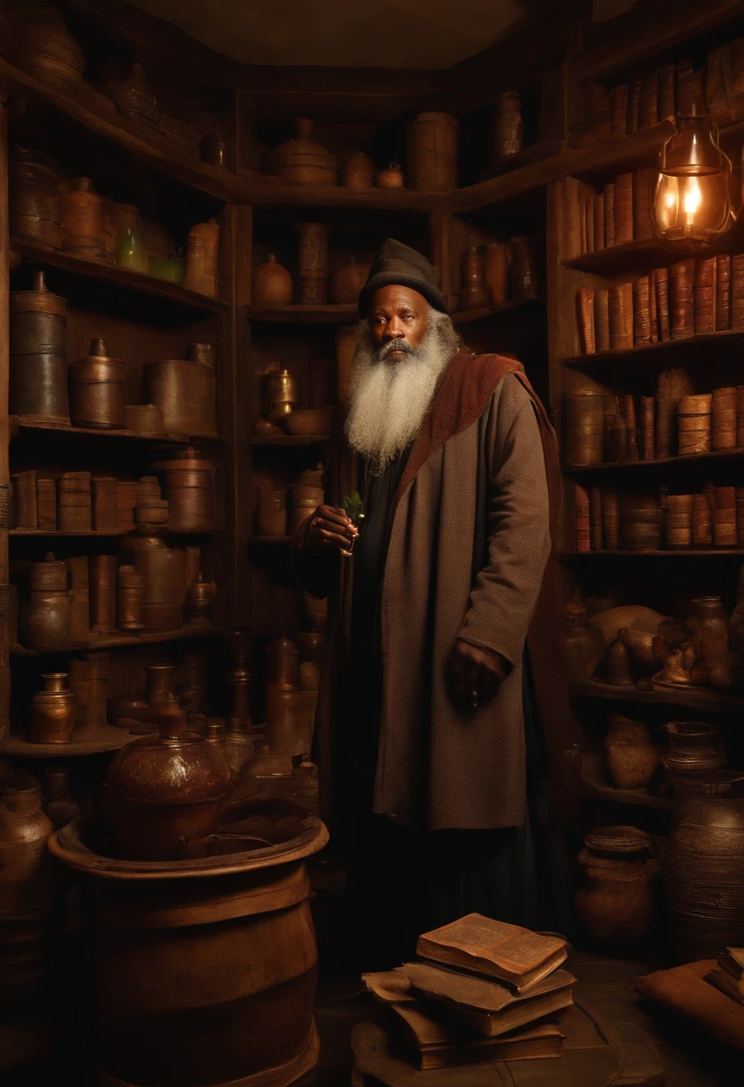 a wizard of African descent, very old with a long beard, in a rustic and secret place with shelves of old books, making magic potions.