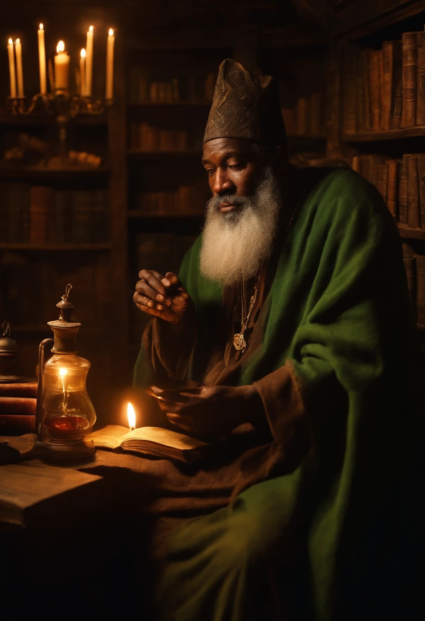 a wizard of African descent, very old with a long beard, in a rustic and secret place with shelves of old books, making magic potions.