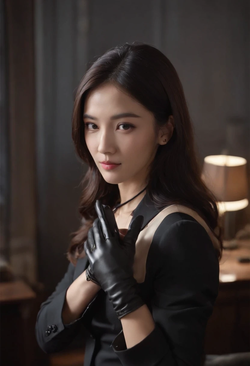 Wearing black leather gloves in both hands, upper body, black business suit, facing the desk in my room with a computer in the dark, operating indifferently while looking at the computer screen with the fingertips of black leather gloves, long black hair bundled in the back, still young, young and very cute face Japanese female new employee (black leather gloves cover both hands)
