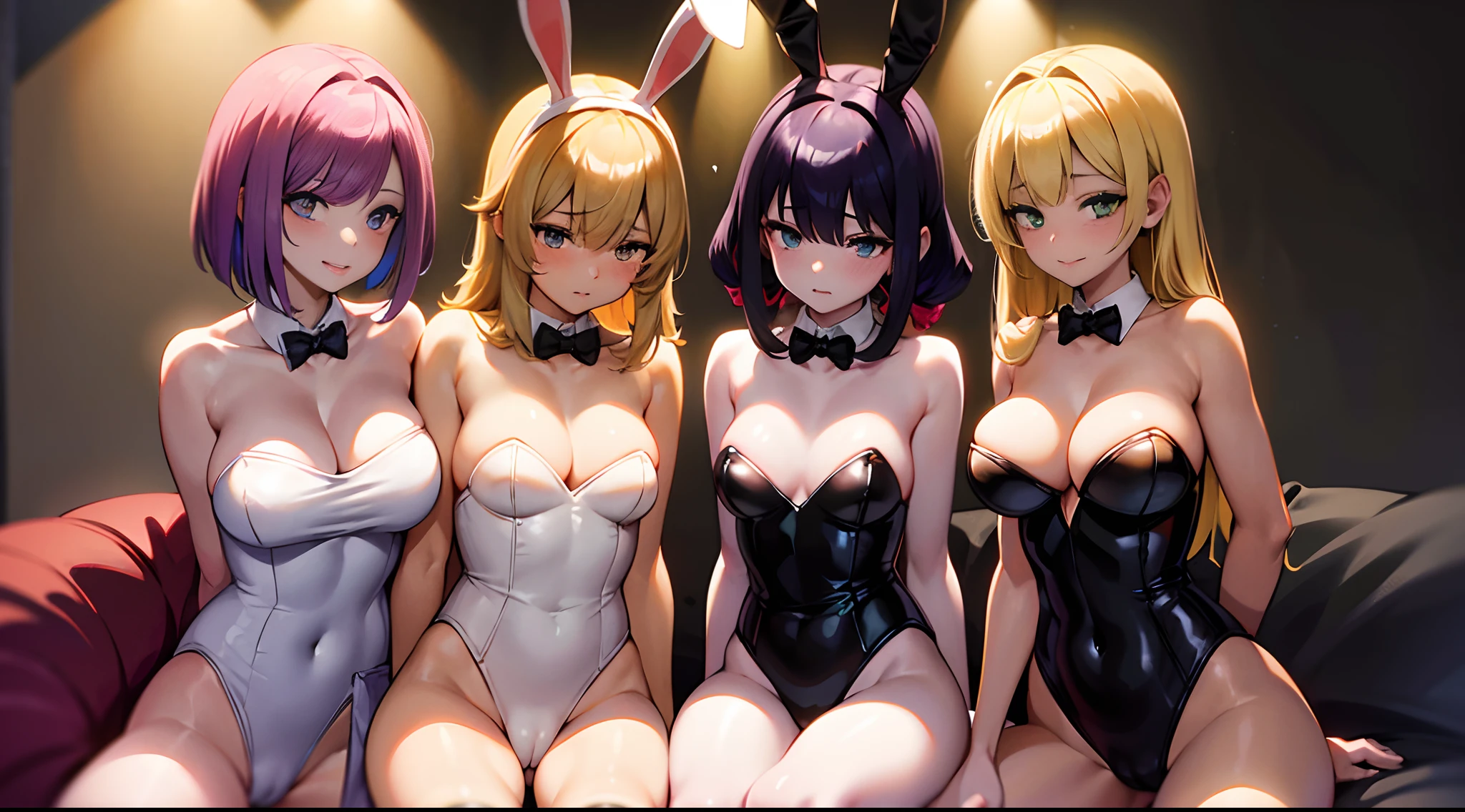 masterpiece, lots of detail, 4k, 8k, ((ultra-detailed)), highres, depth field, soft lighting, milf, 3girls, female focus, nightclub, playboy bunny, translucent bunny suit, leotard, lesbian, kissing, straddling, spread legs, cameltoe, bunny ears, {green eyes|red eyes|blue eyes|gold eyes}, bangs, {very long hair|short hair|curly hair}, {red hair|black hair|blonde hair|multicolored hair|green hair|purple hair}, {twintails|ponytail|loose hair|bob cut|hime cut|tomboy}, blush, warm, {standing|sitting|kneeling|laying down|posing}, detailed hands