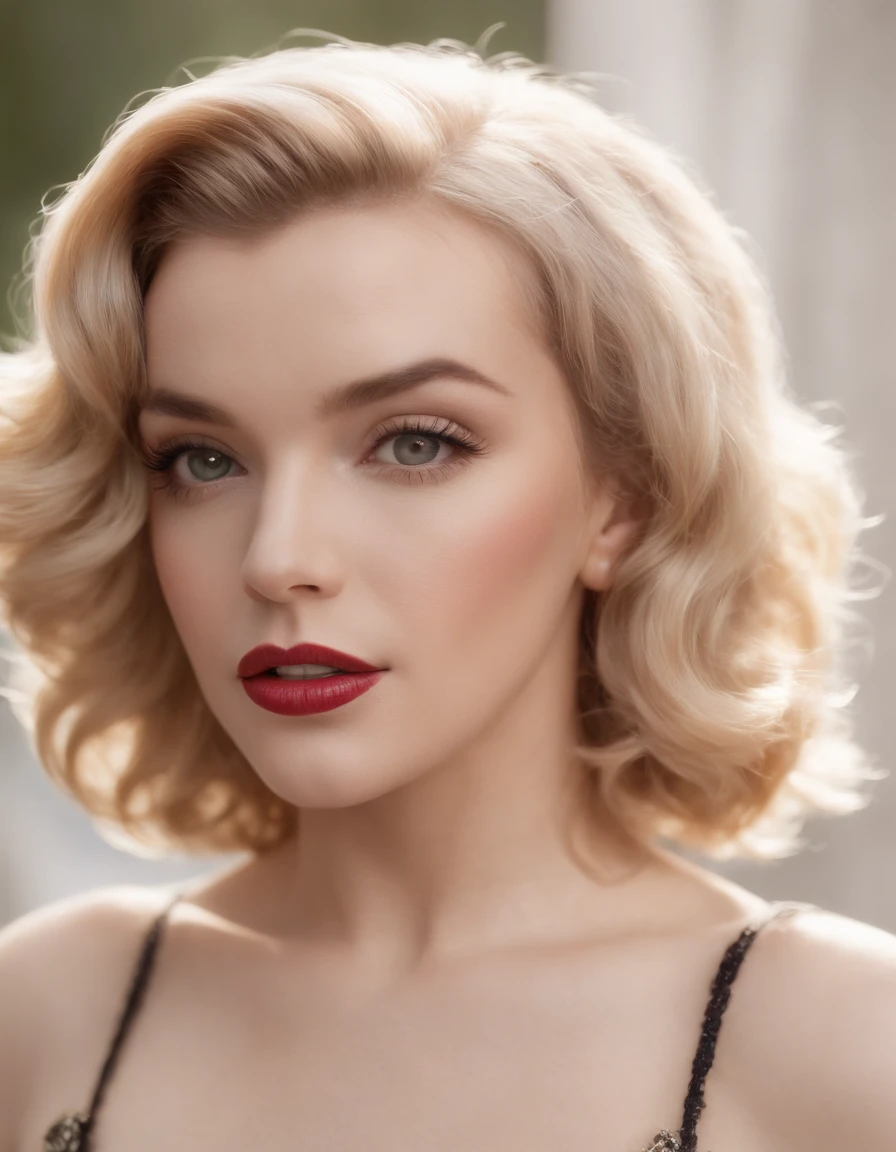 realista, a beautiful 22-year-old Marilyn Monroe, impecable, en baby doll transparente, cuerpo entero,Mujer joven y bonita que exuda una presencia elegante y seductora, cara bonita, burnt long brown hair, grandes ojos marrones, . His figure is perfection, cara feliz, Objetivos completos, Impresionante collar de esmeraldas y diamantes, 8K resolution concept art portrait, (((Cabello largo y ondulado)), (Labios seductores:1.3), Highly Detailed Face and Skin Texture, ((altamente seductor)),