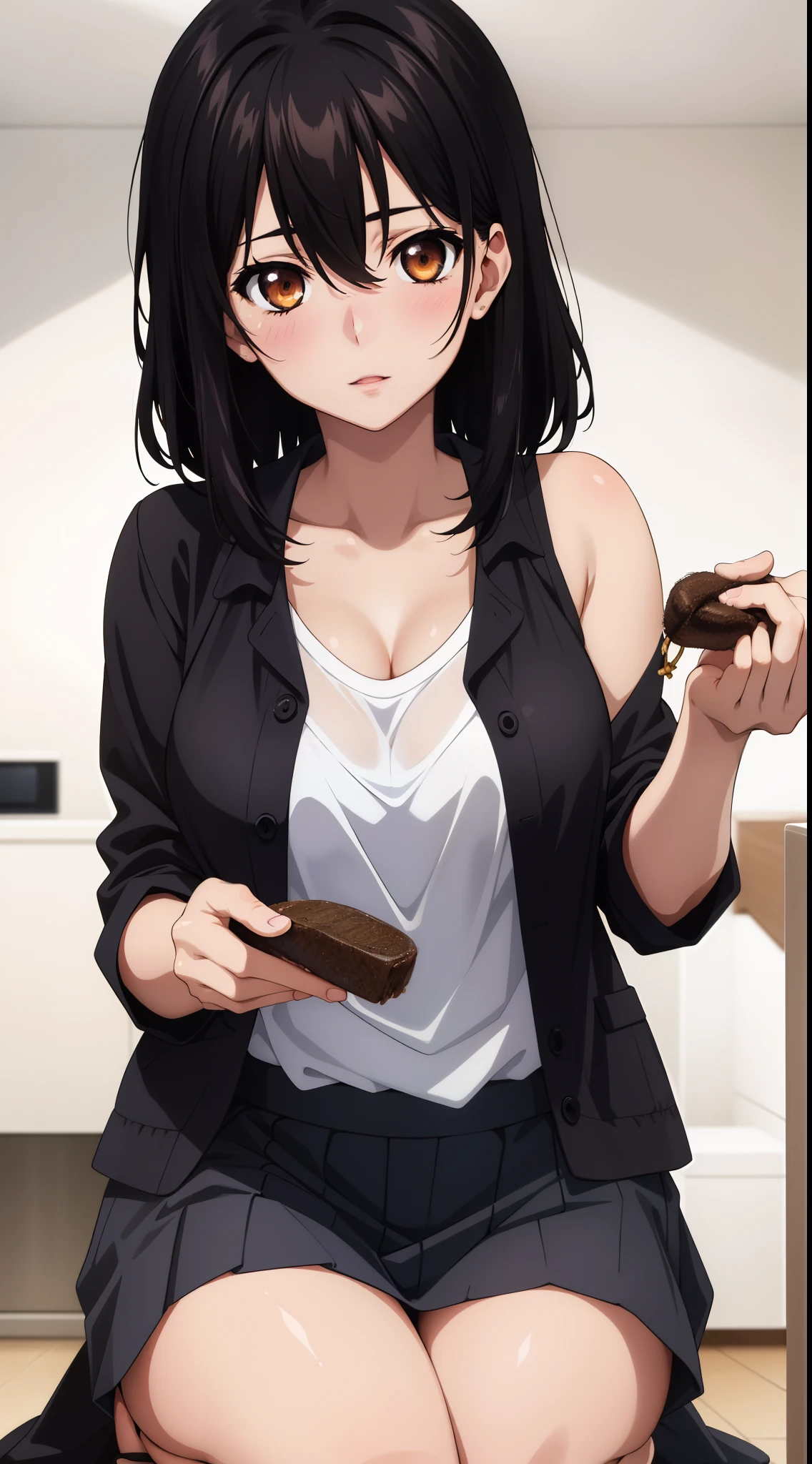 masterpiece, best quality, 1 girl, himeragi yukina, brown eyes, black hair, hair between eyes, medium hair, medium breasts, perfect anatomy, (feeding a dog, 1 dog)