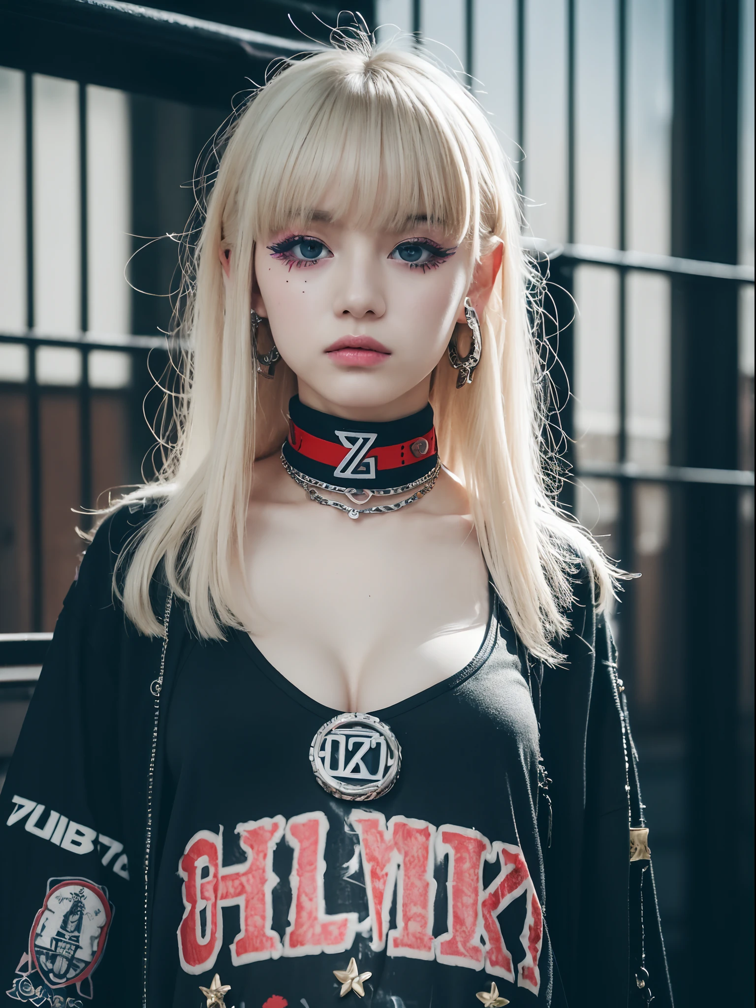 the Extremely Detailed CG Unity 8K Wallpapers、top-quality、ultra-detailliert、masterpiece、studio shoot、Full body portrait、(London punk fashion of the 70s:1.4), Studsbelt、Stud Bracelet、a choker、Silver Accessories、Vivienne Westwood、Sex pistols、Sadionaries、realisitic、Behind the photo、large full breasts、realisitic、Photo Real、extremely detailed cute girl、独奏、、Melancholy look, (Against the backdrop of London's Camden Town:1.4), Blonde longhair, out of focus、blur、