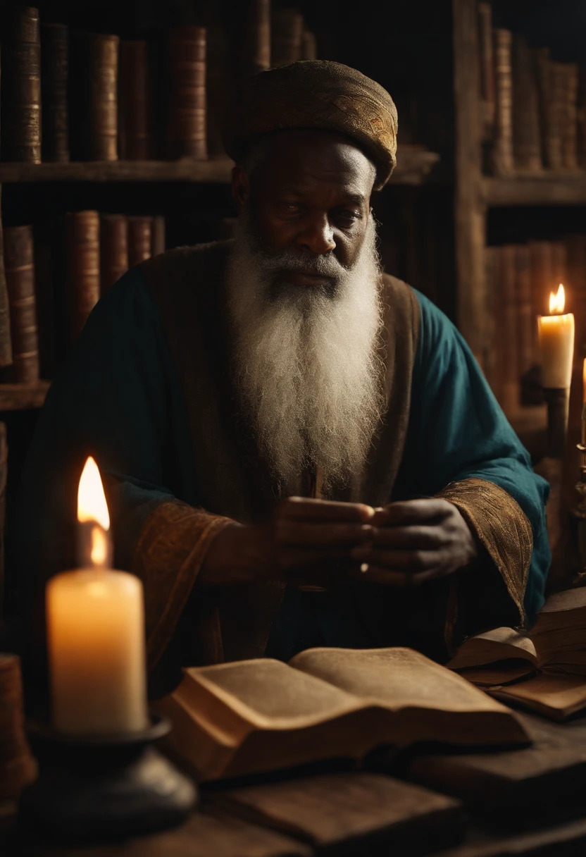 (a wizard of African descent),very old with a long beard, in a rustic and secret place,(shelves of old books). [making magic potions].(best quality,4k,8k,highres,masterpiece:1.2),ultra-detailed,[realistic,photorealistic,photo-realistic:1.37] portraits, [dark and mysterious colors], [subtle and dim lighting], [vintage and antique texture].